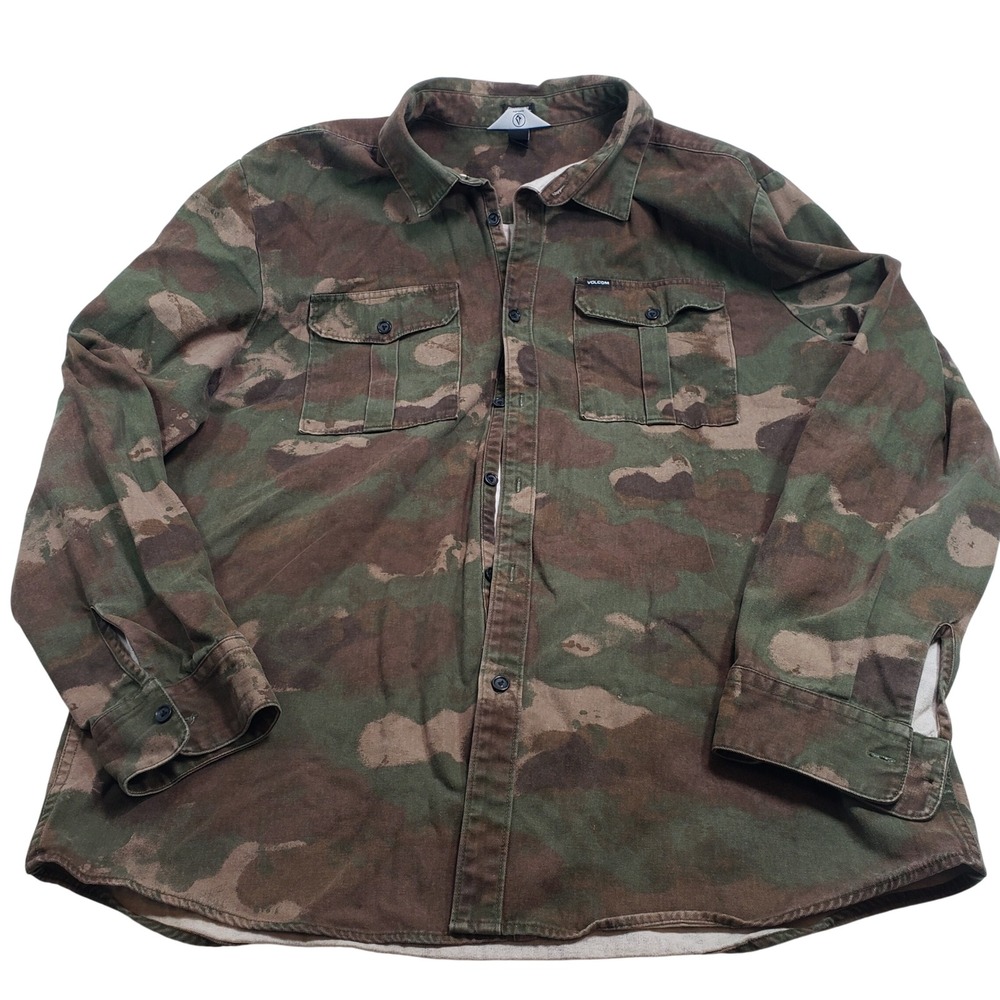 Volcom Mens Classic Fit Camo Button Down Shirt XXL Green Brown Camouflage